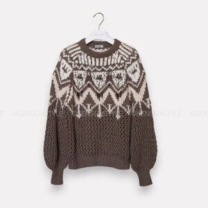 Brunello Cucinelli Cashmere Knit Beaded Crystals Sweater Brown Pullover L